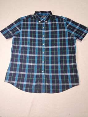Club Room Navy Plaid Short Sleeve Button-Down Shirt with Blue and Green Stripes